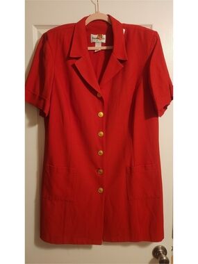 Vintage Retro Red Short-Sleeve Button Front Blazer Dress with Gold Buttons